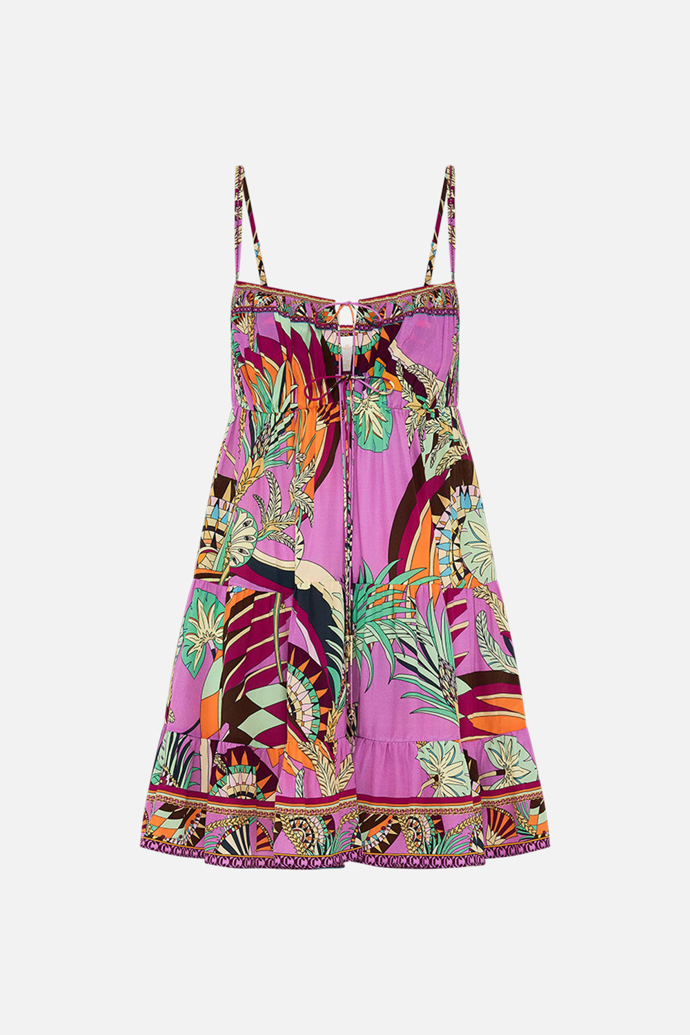 CAMILLA Gathered Bust Tiered Mini Dress in Giza Goddess print.