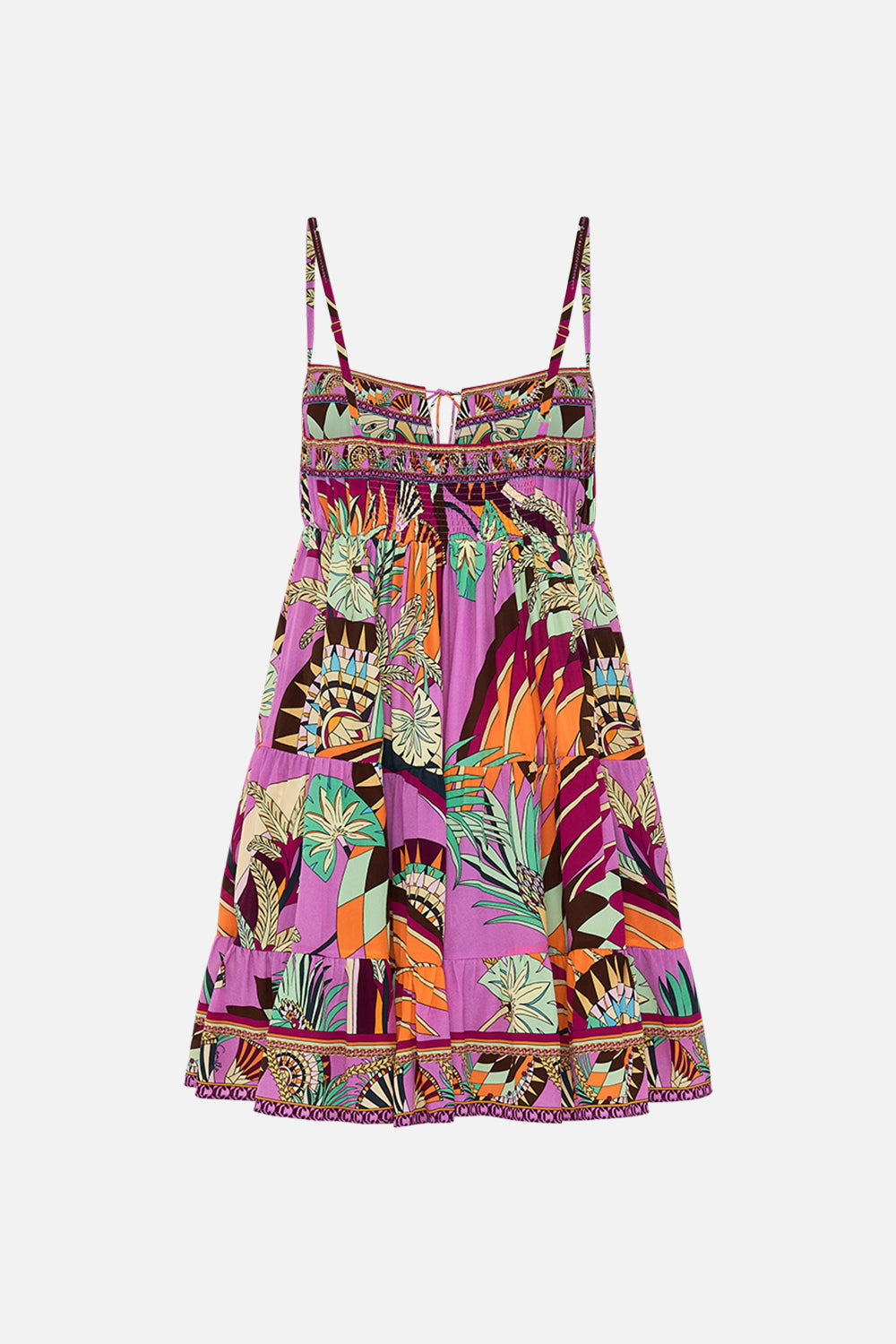 CAMILLA Gathered Bust Tiered Mini Dress in Giza Goddess print.