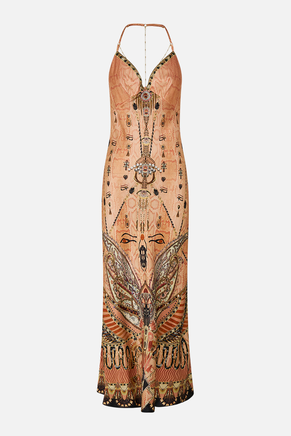 CAMILLA Gold Chain Detail Slip Dress in Kingdom of Hieroglyphs Print