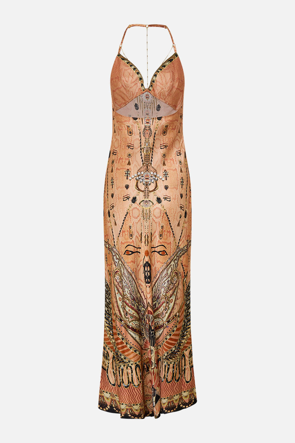 CAMILLA Gold Chain Detail Slip Dress in Kingdom of Hieroglyphs Print