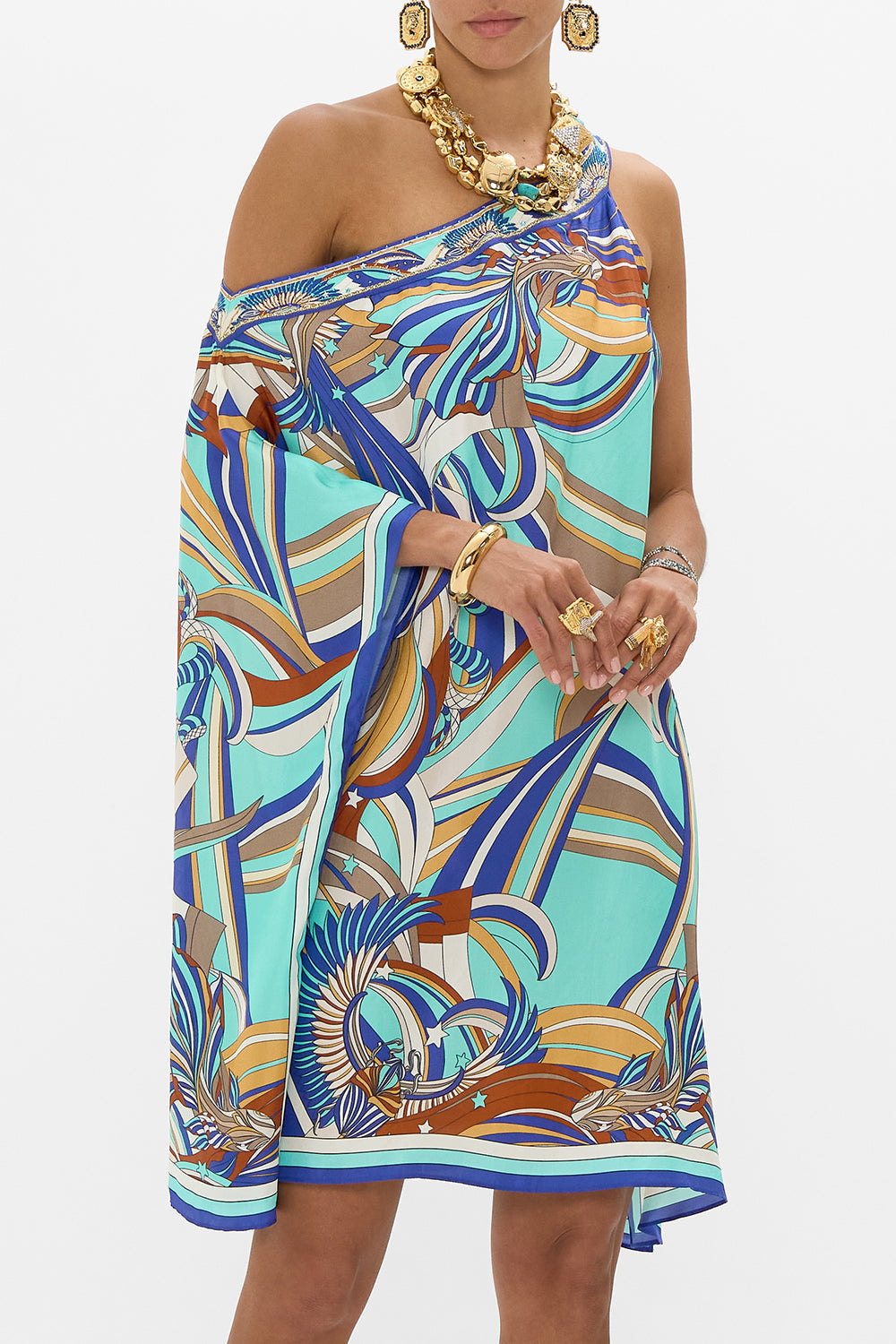 CAMILLA One Shoulder Short Kaftan in Oasis Oracle print.
