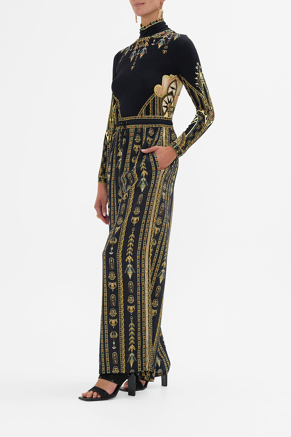 CAMILLA Black/Gold Straight Leg Pant in They Called Her Nefertari print