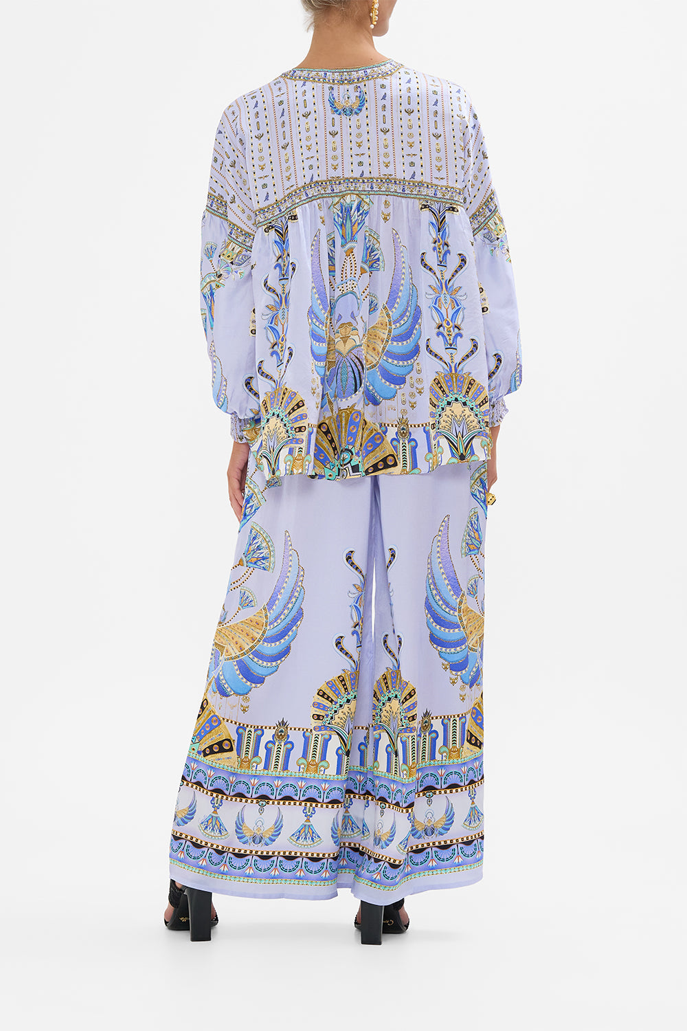 CAMILLA Lilac Blouson Blouse with Neck Tie in Under Scarab Skies print.