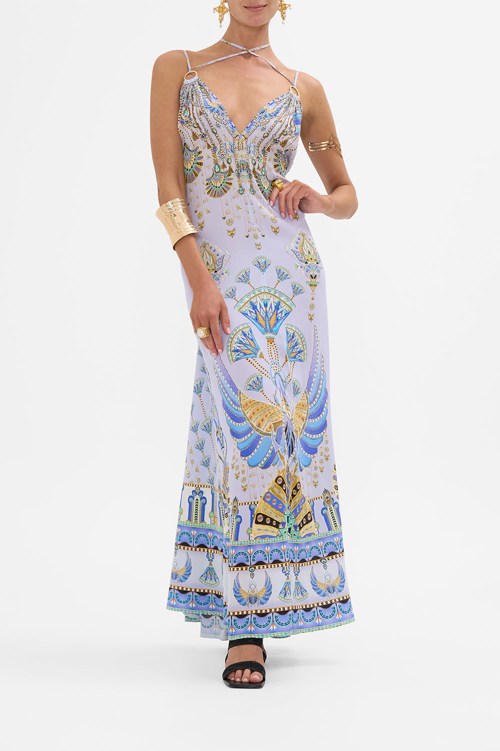 CAMILLA Lilac Ring Detail Strap Dress in Under Scarab Skies print