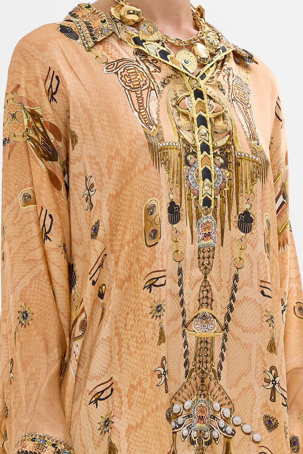 CAMILLA Gold Button Up Top with Draped Back in Kingdom of Hieroglyphs Print