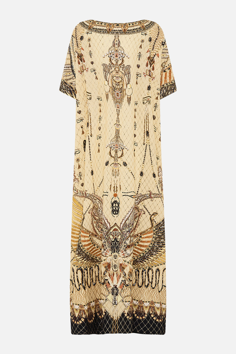 CAMILLA Gold Round Neck Kaftan in Gateway to the Afterlife Print