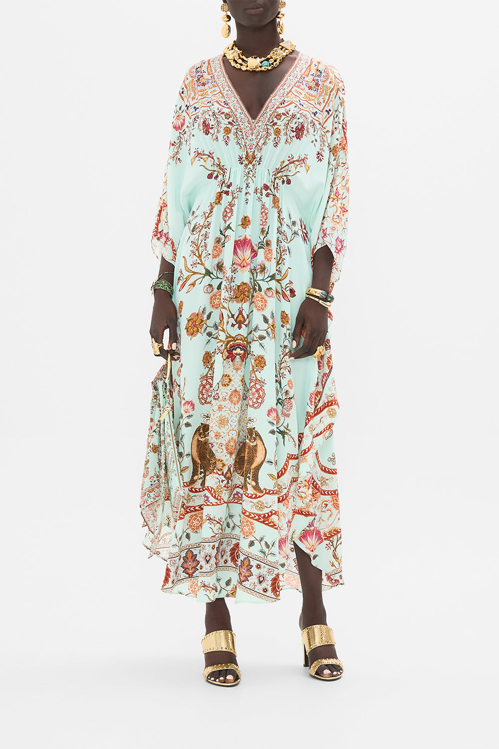 CAMILLA Gathered Waist Kaftan in Weaving Worlds print