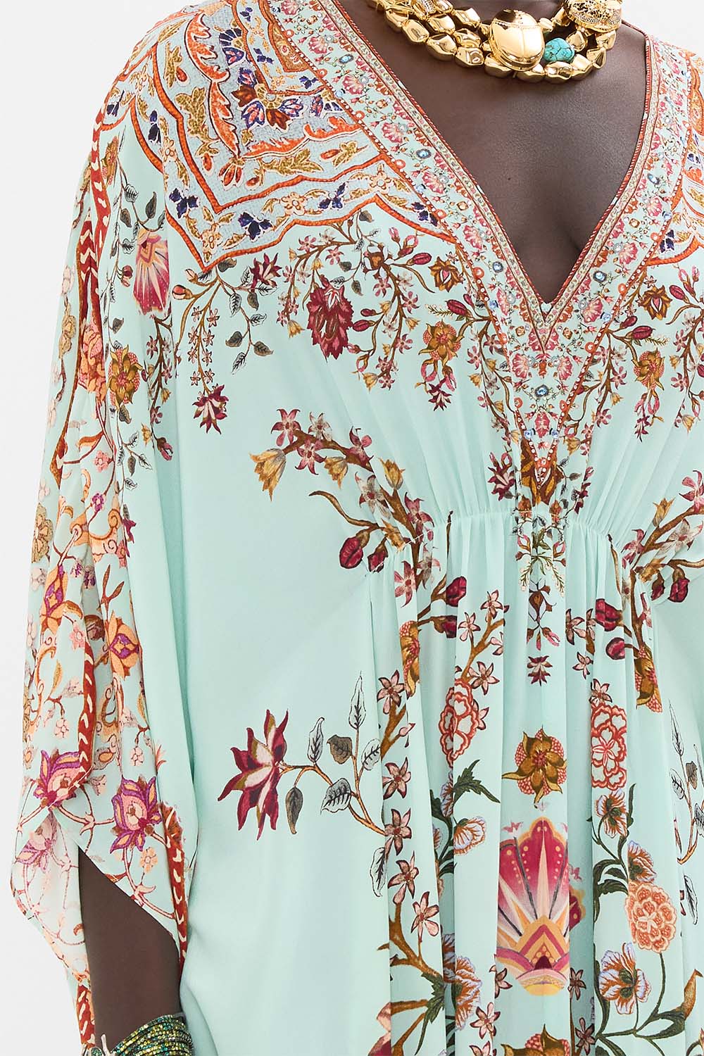 CAMILLA Gathered Waist Kaftan in Weaving Worlds print