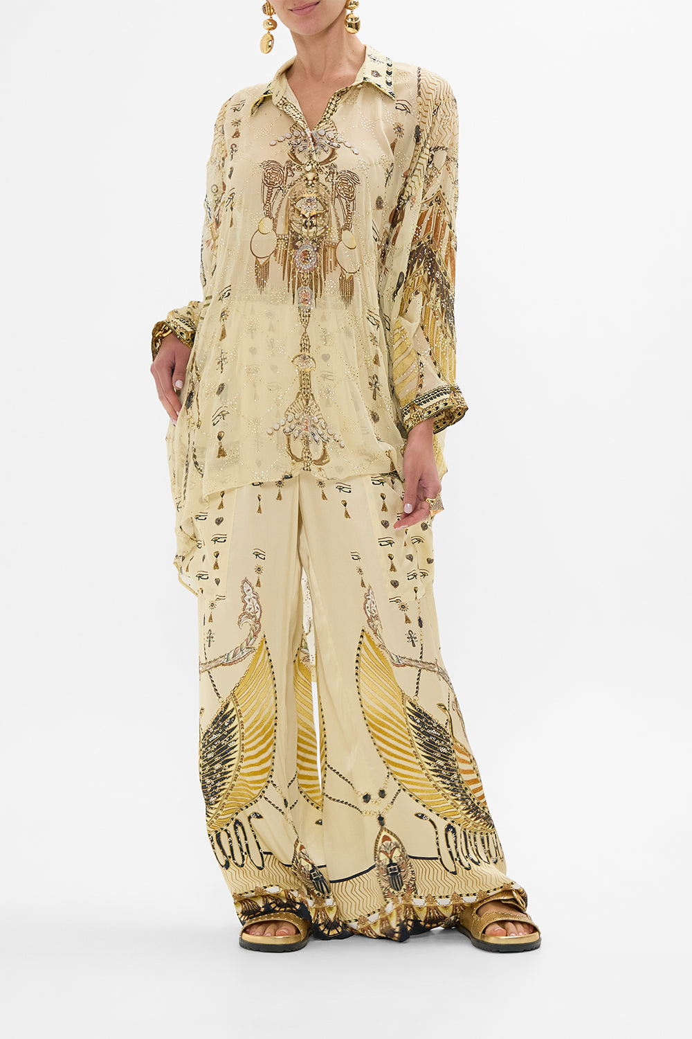 CAMILLA Gold Wide Leg Trouser with Front Pockets in Gateway to the Afterlife Print
