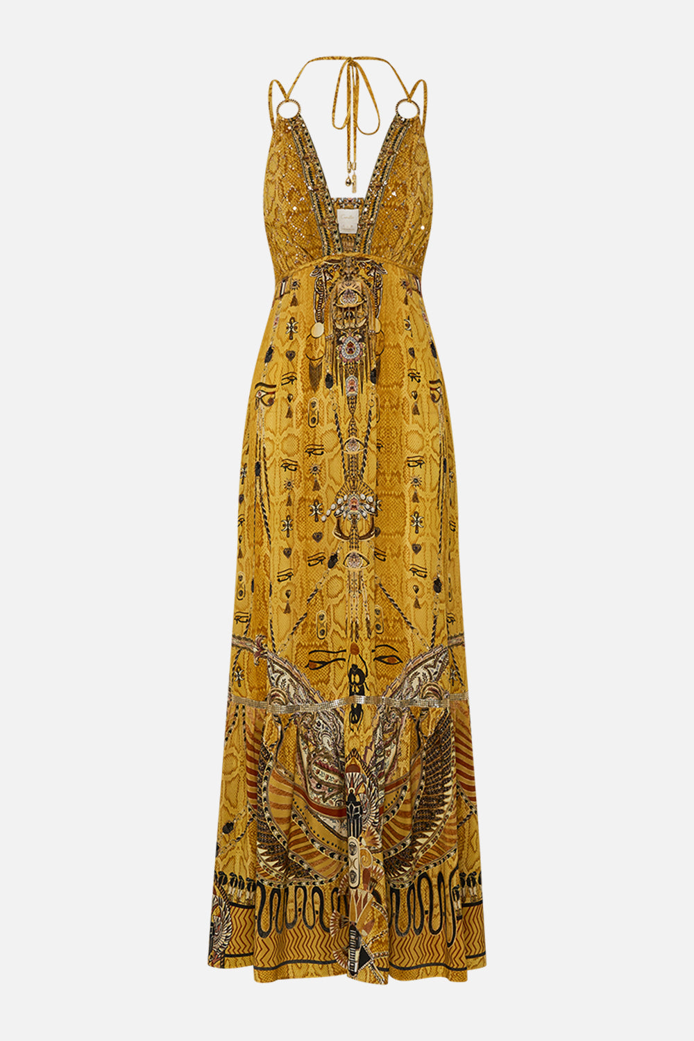 CAMILLA Gold Tiered Dress with Hardware in Valley of the Kings Print