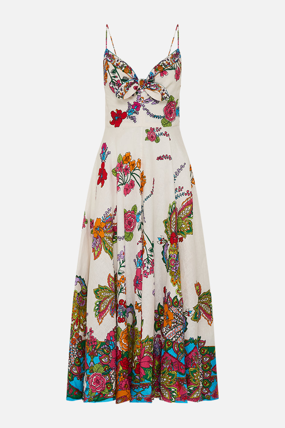 CAMILLA retro floral long dress with tie-front in Cosmic Prairie print.