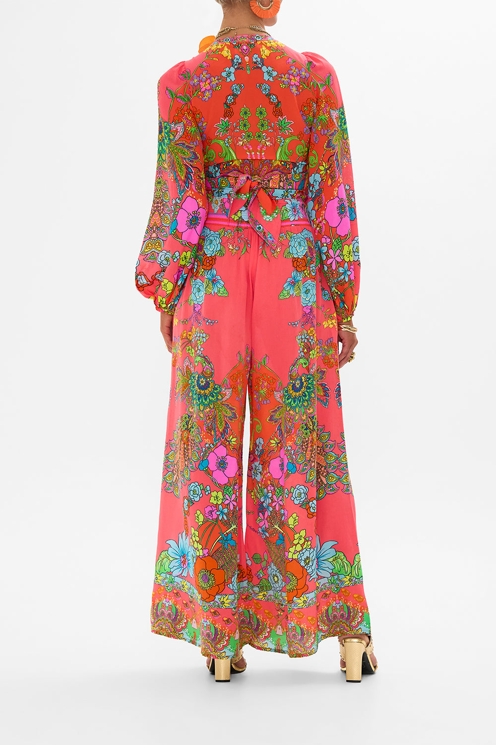 CAMILLA pink shirred waist pant in Windmills And Wildflowers print.