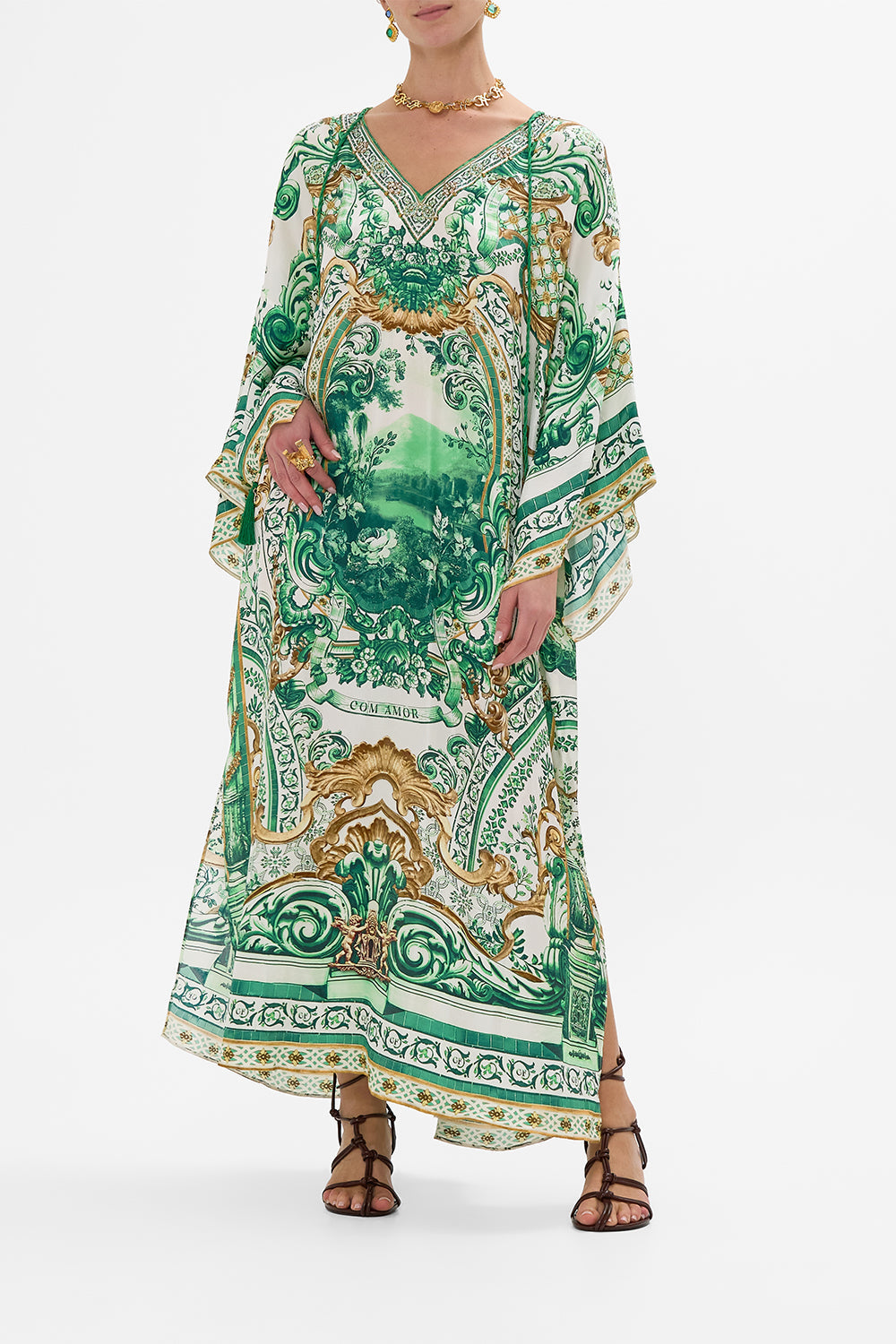 CAMILLA V Neck Kaftan With Ties in Corridor Of Calm print
