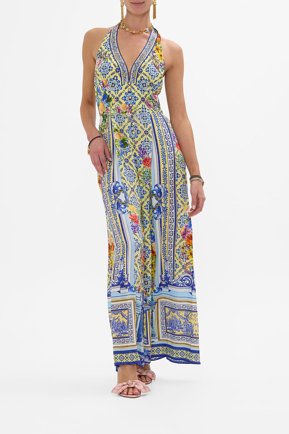 CAMILLA Halterneck Jumpsuit With Tie Neck in Wall To Wall Wonders print