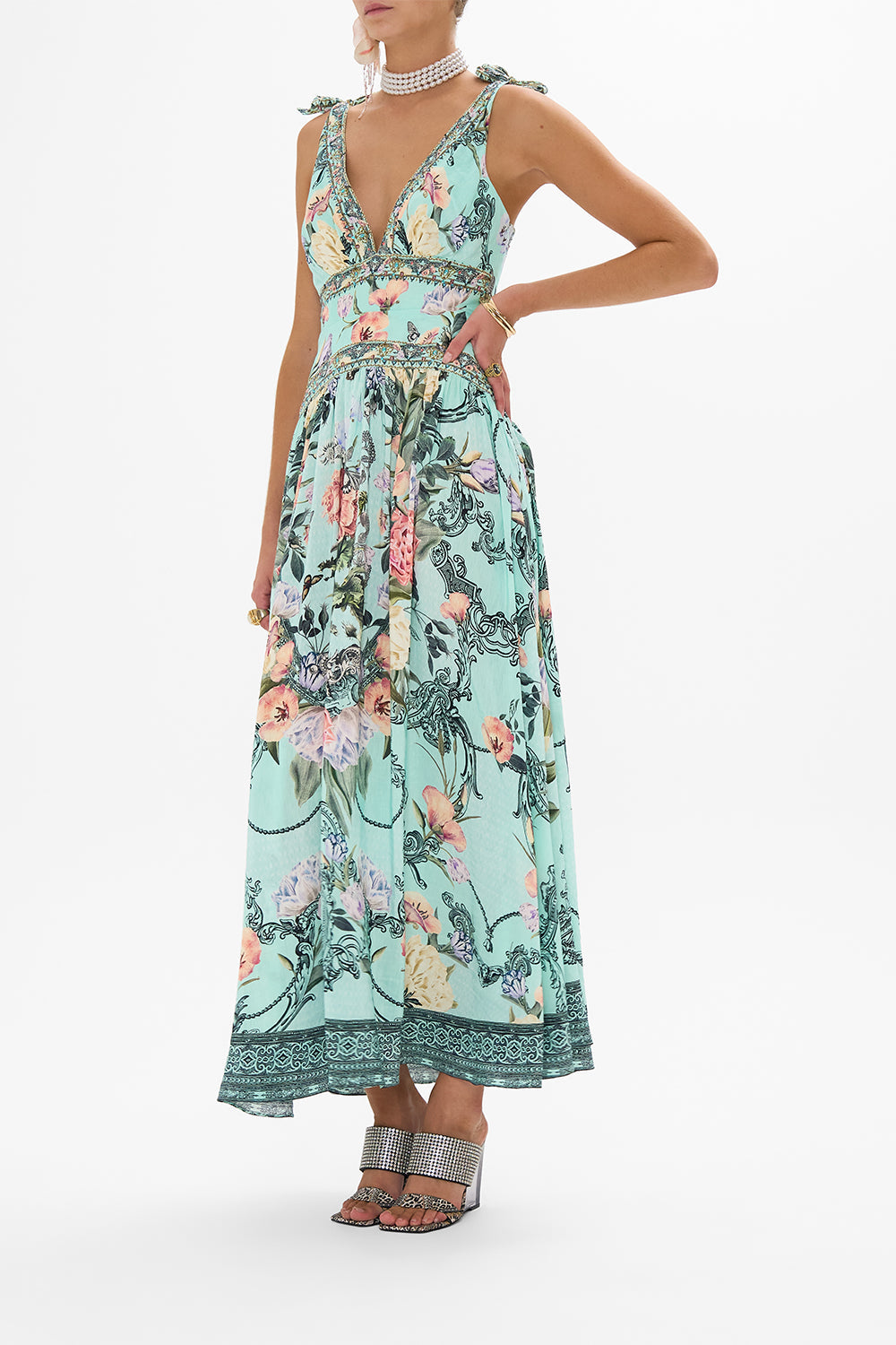 CAMILLA blue tie shoulder dress in Petal Promise Land print.