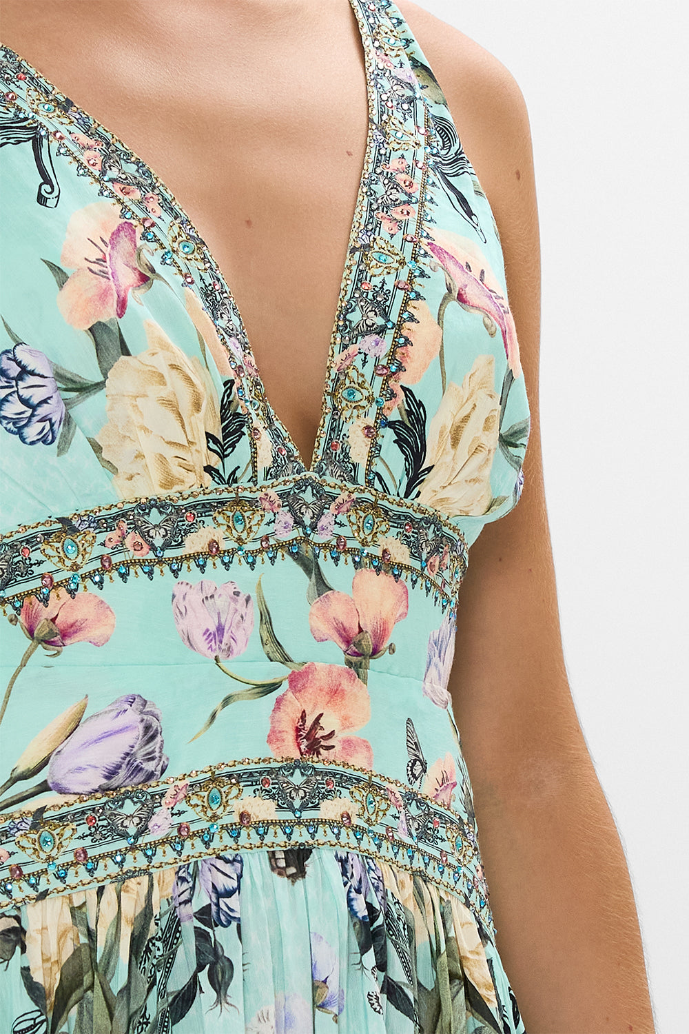 CAMILLA blue tie shoulder dress in Petal Promise Land print.