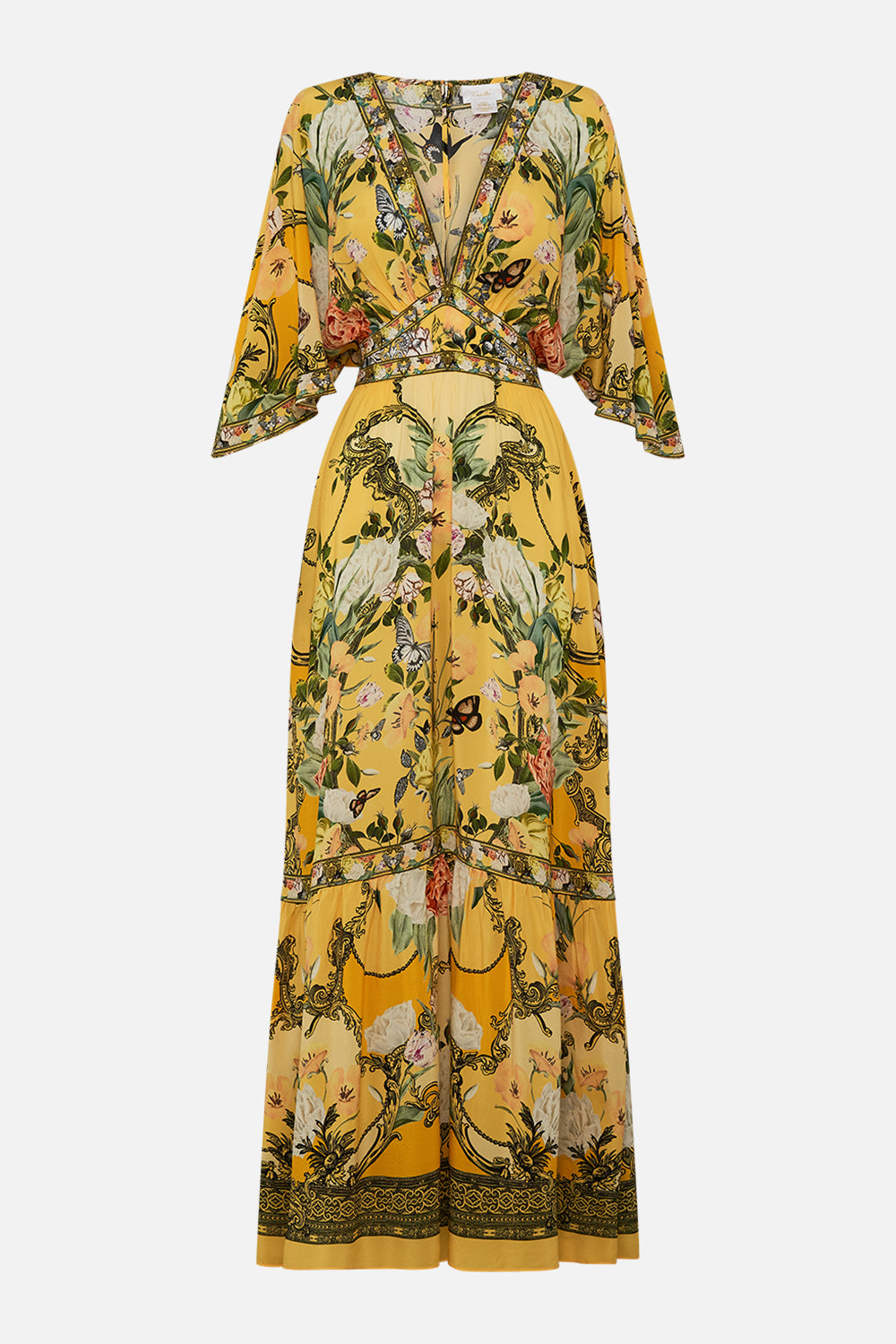CAMILLA yellow waisted dress with hem ruffle in Paths Of Gold print.