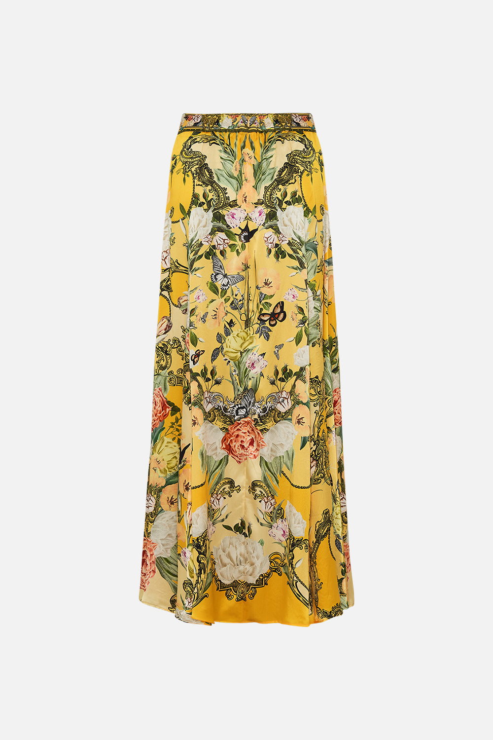 CAMILLA yellow floral panel flared maxi skirt in Paths Of Gold print