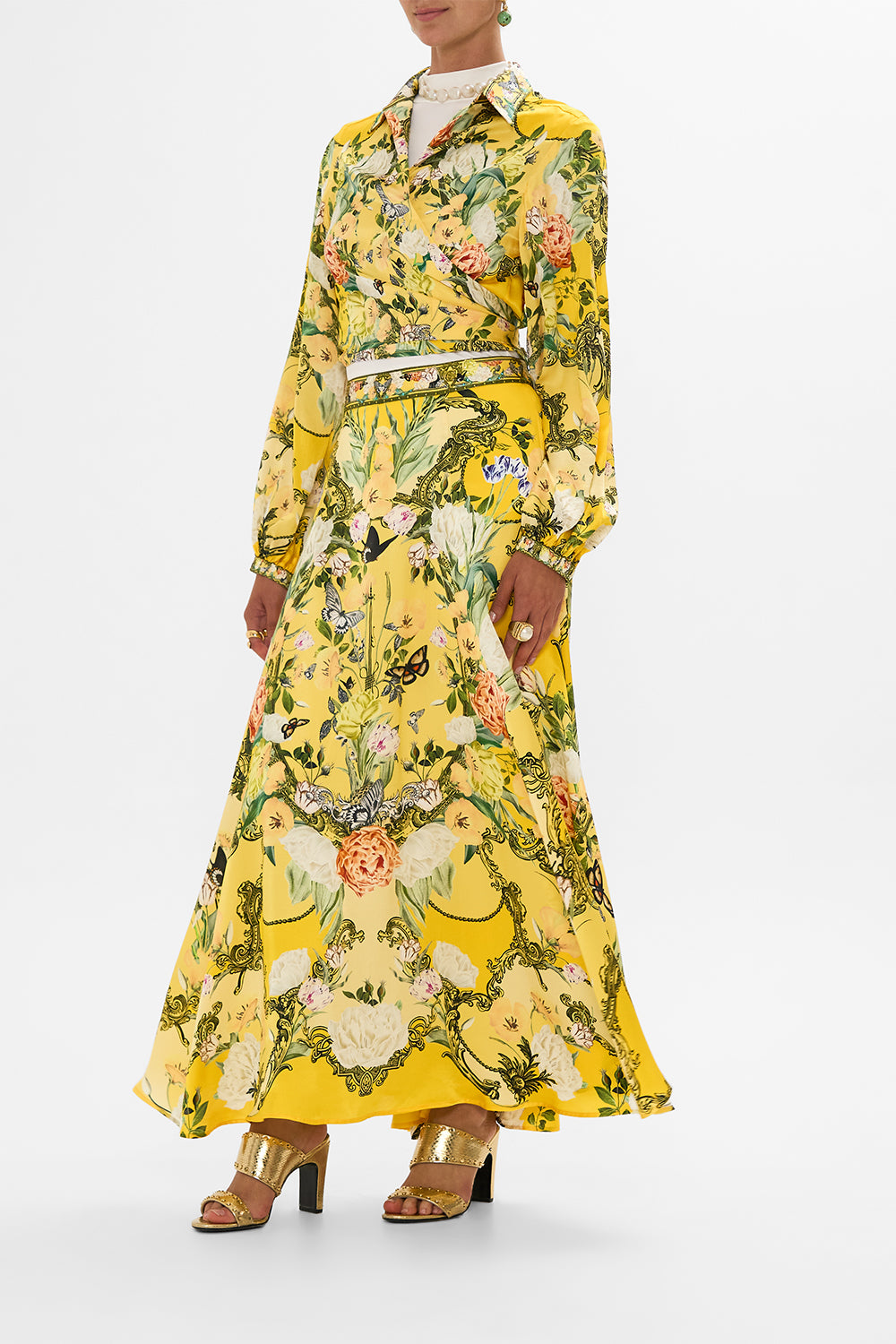 CAMILLA yellow floral panel flared maxi skirt in Paths Of Gold print