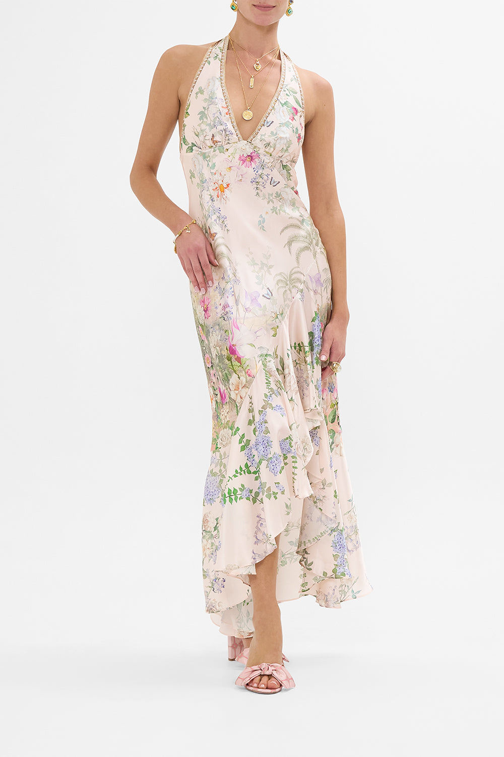 CAMILLA Bias Halter Dress With Ruffle Hem in Palacio Playground print