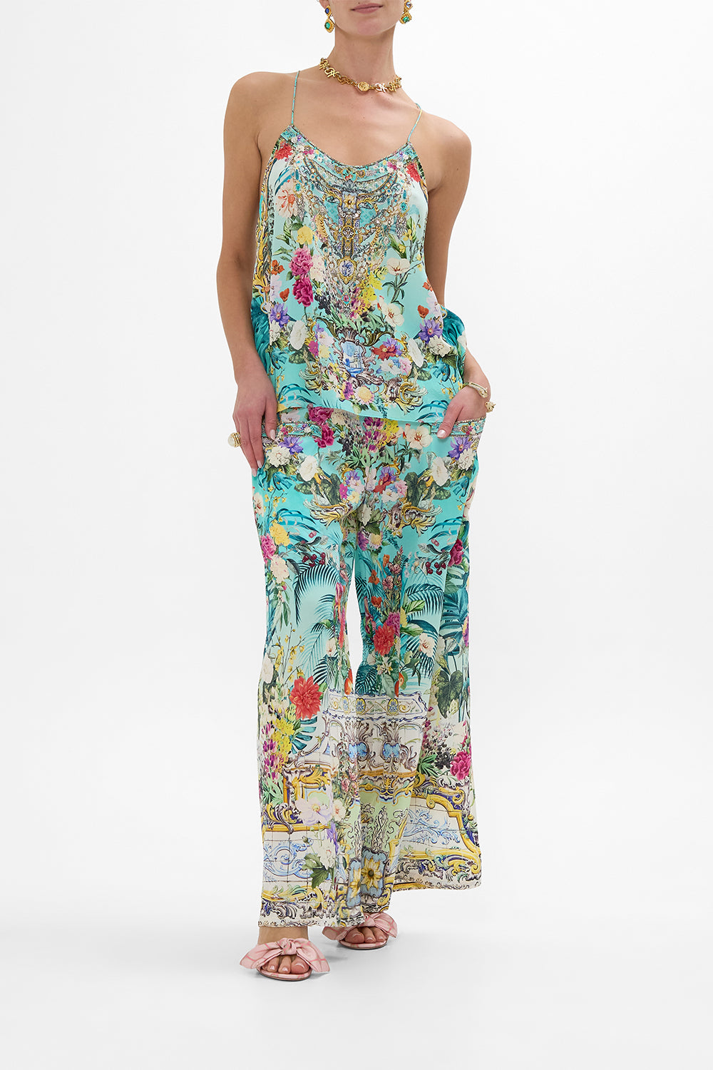 CAMILLA T Back Shoestring Top in Gardens Of Queluz print