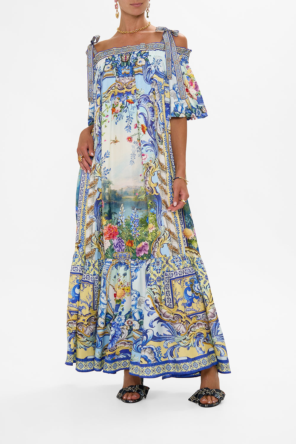 CAMILLA Long Off Shoulder Frill Dress With Straps in Wall To Wall Wonders print