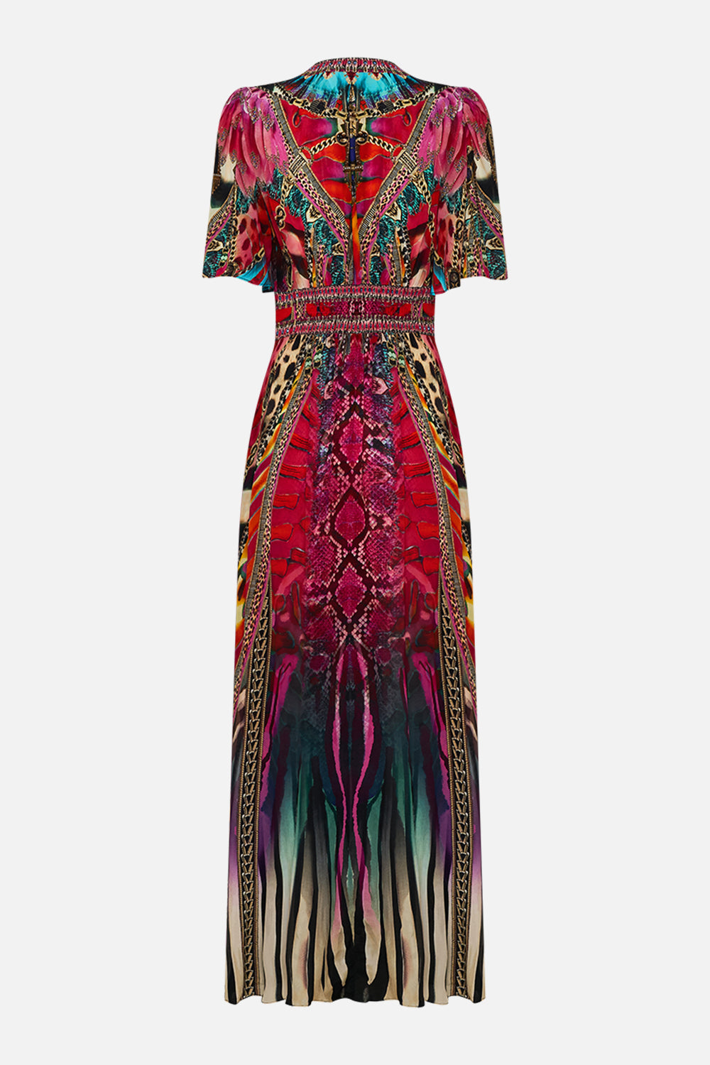 CAMILLA Shaped Waistband Dress with Flutter Sleeves in Sahara Supernatural print.