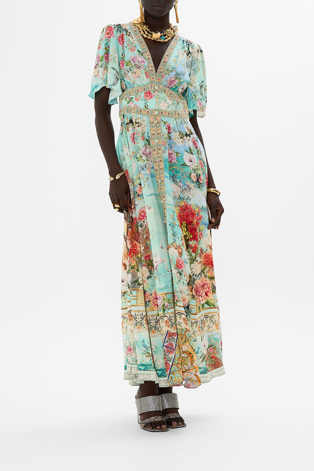 CAMILLA Shaped waistband dress with flutter sleeves in The jewellery museum print.