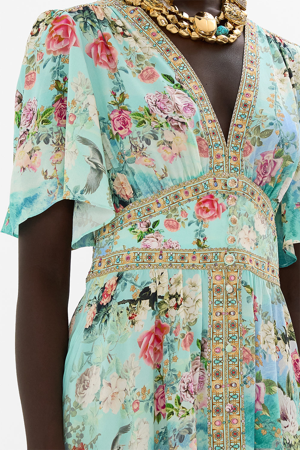 CAMILLA Shaped waistband dress with flutter sleeves in The jewellery museum print.