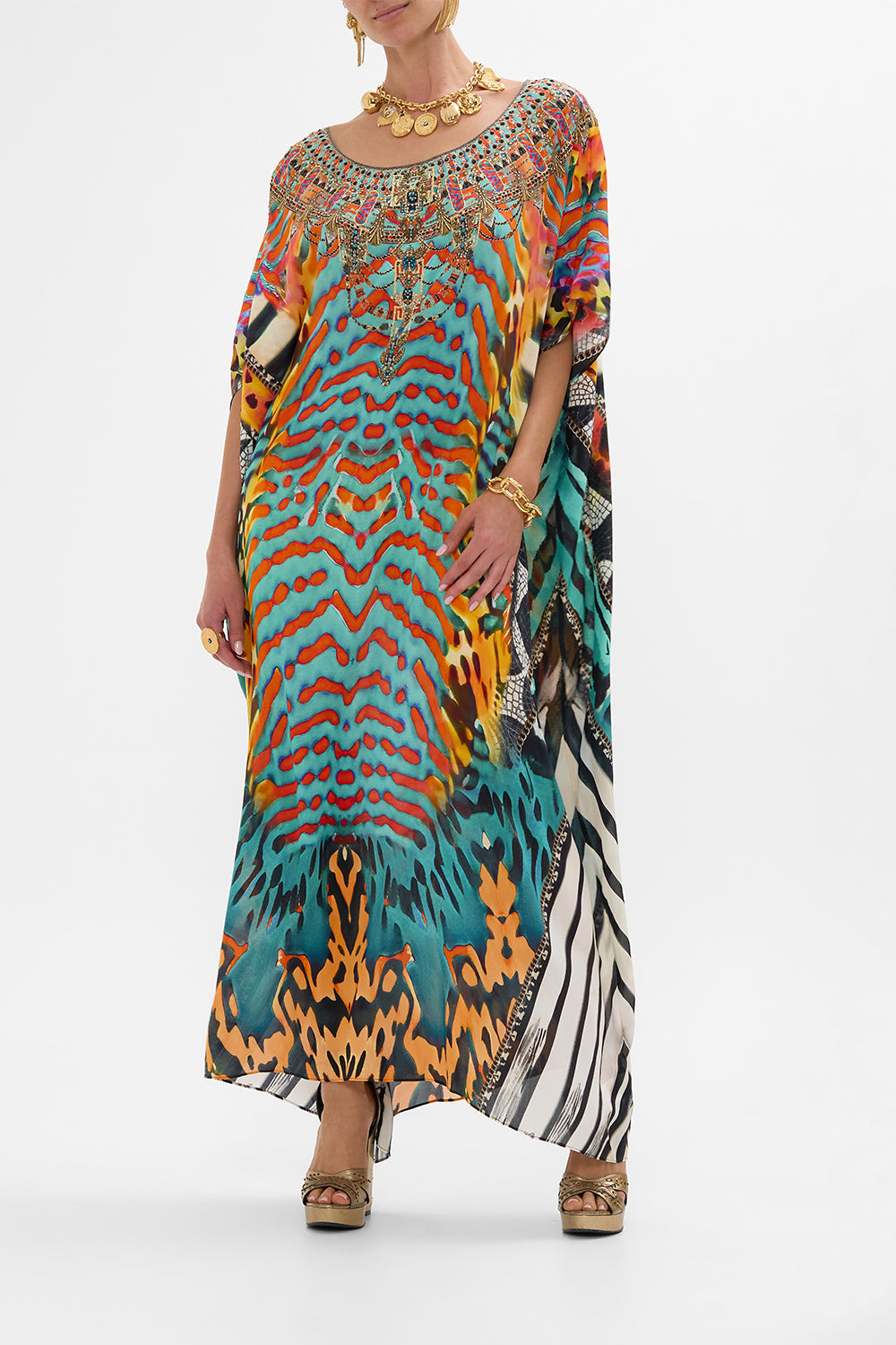CAMILLA Round Neck Kaftan in Desert Visions print.
