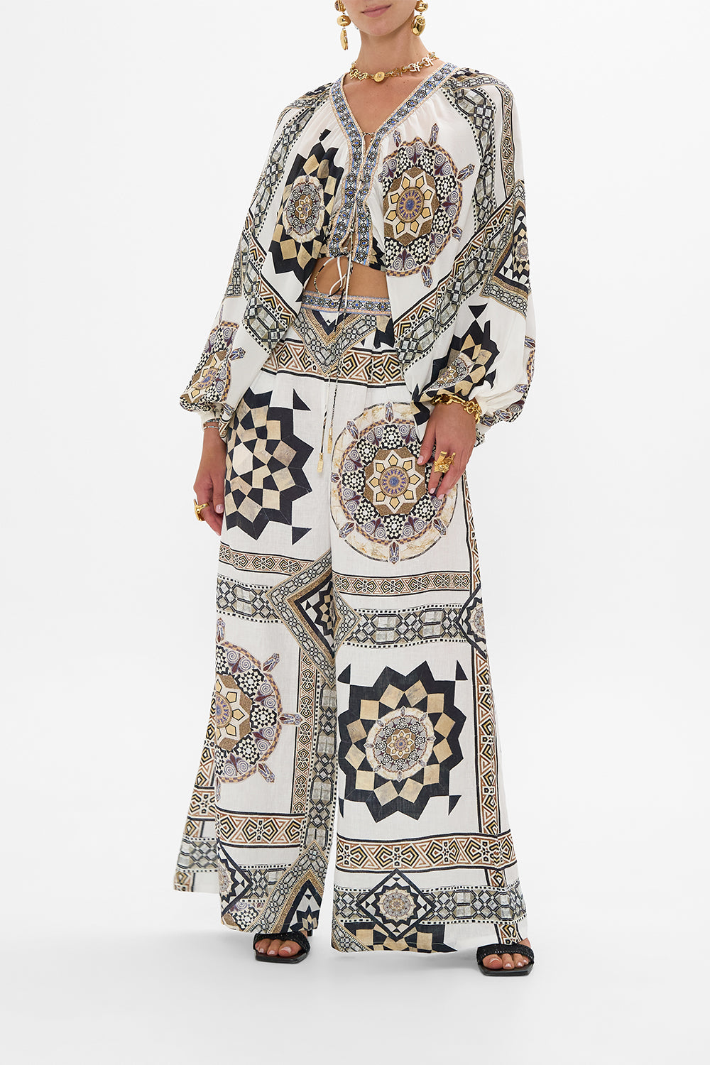 CAMILLA Lace-Up Front Blouson Sleeve Blouse in Tile Style Print