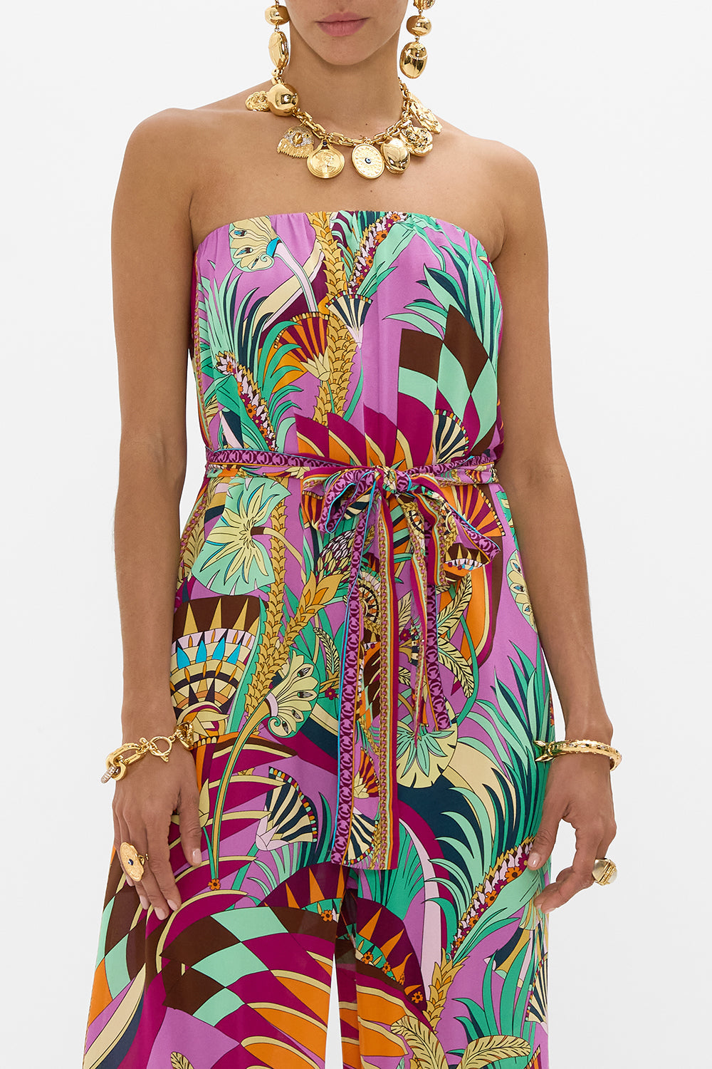 CAMILLA Tie Waist Strapless Jumpsuit in Giza Goddess print.