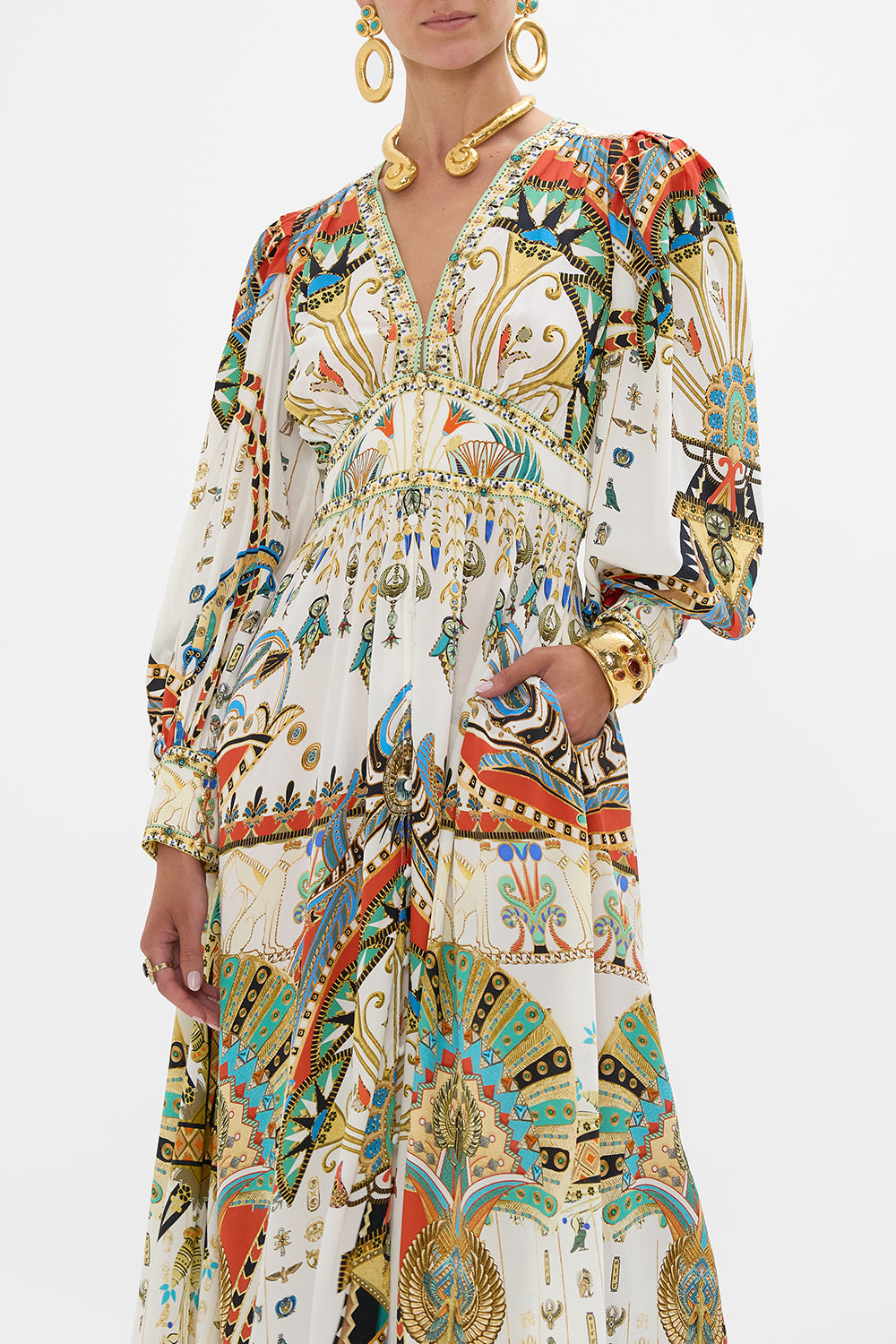 CAMILLA Shaped Waistband Dress With Gathered Sleeves in Valley Of The Queens print.