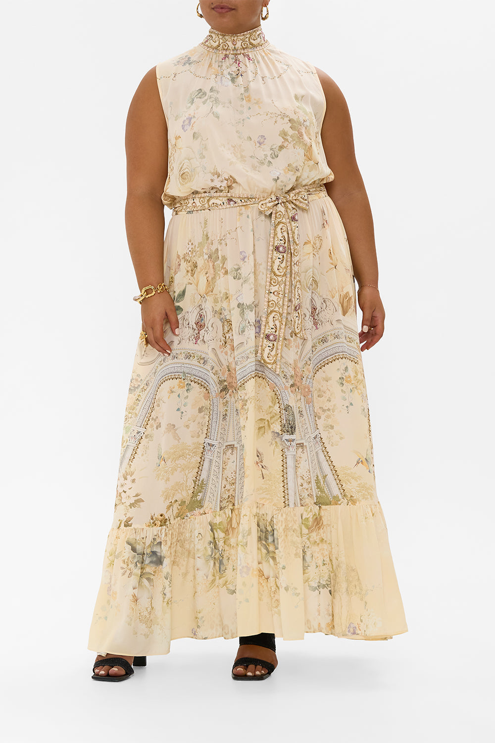 NECKTIE DRESS WITH ELASTICATED WAIST ADORNED IN ANTIQUITY