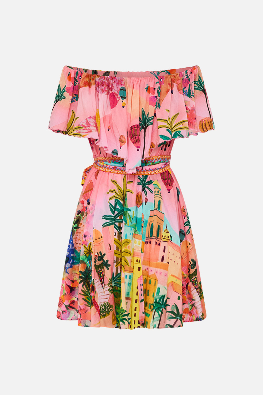 CAMILLA Shoulder Frill Short Dress in Sister Sunset print.