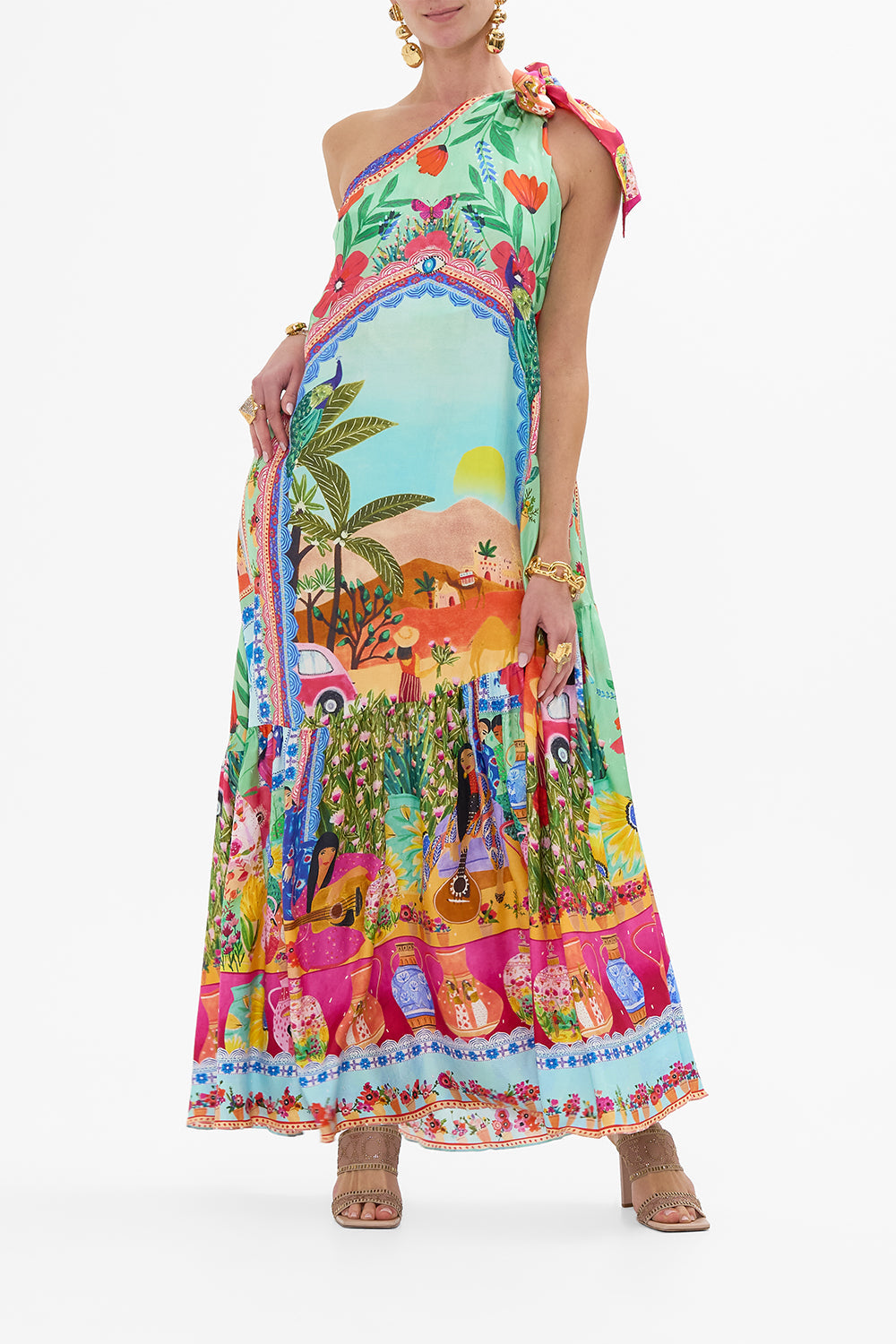 CAMILLA Tie One Shoulder Dress in Queens of Creation print.