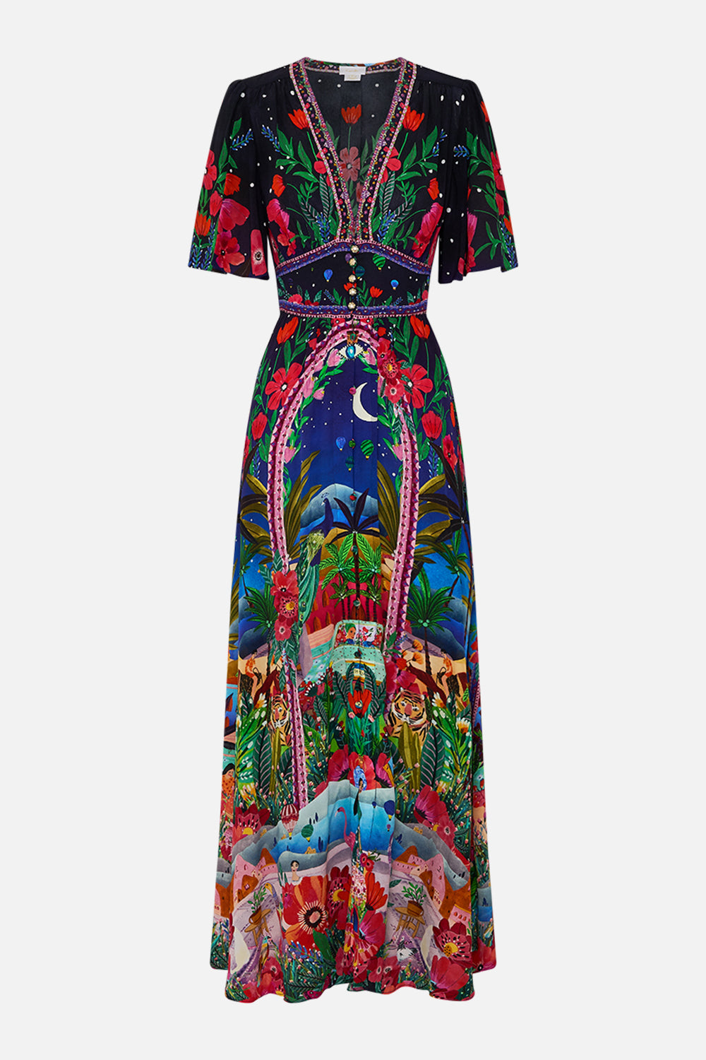 CAMILLA Shaped Waistband Dress with Flutter Sleeves in Midnight Muses print