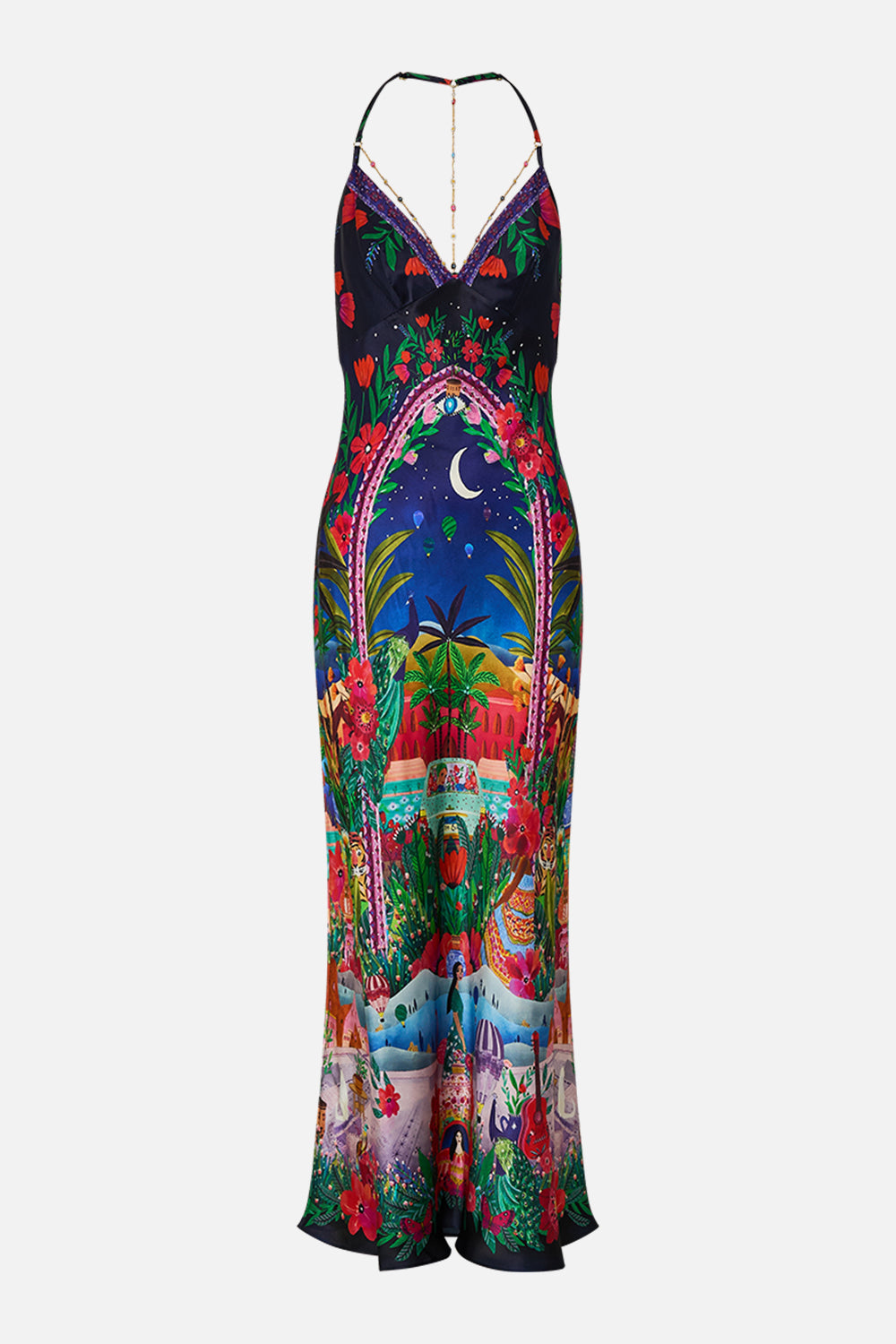 CAMILLA Chain Detail Slip Dress in Midnight Muses print.