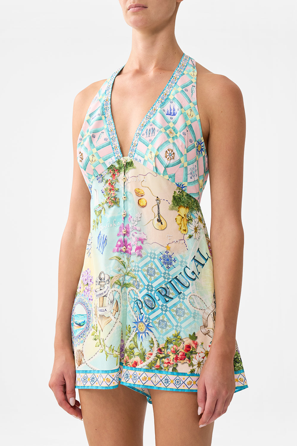 The CAMILLA Button Front Halter Playsuit in our Just Coasting print.