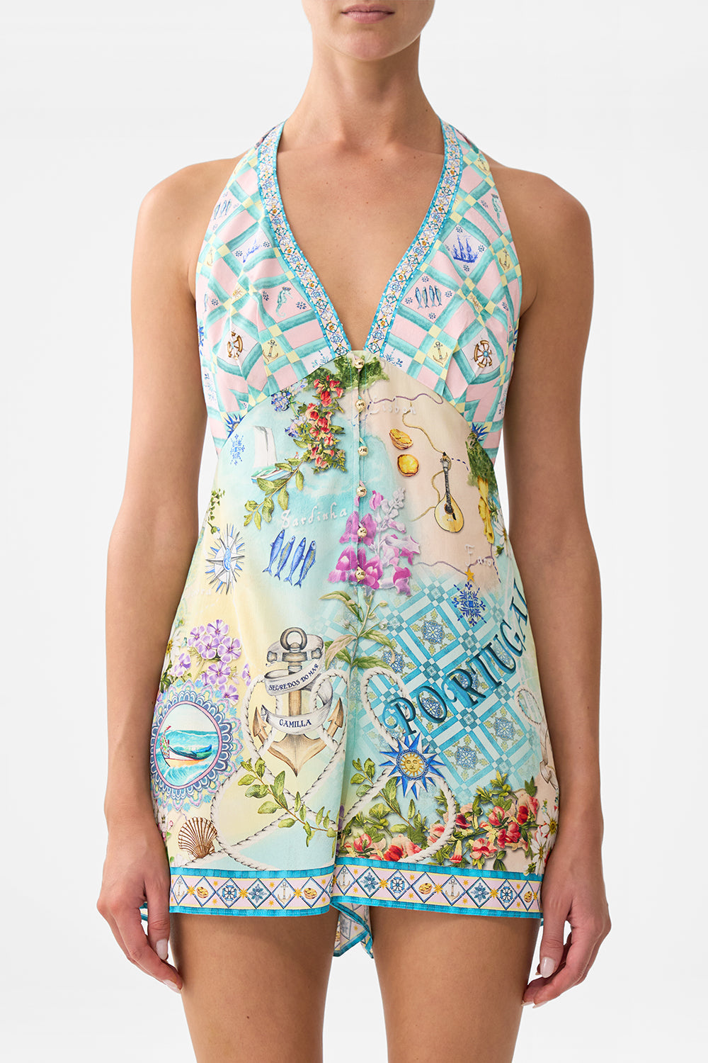 The CAMILLA Button Front Halter Playsuit in our Just Coasting print.