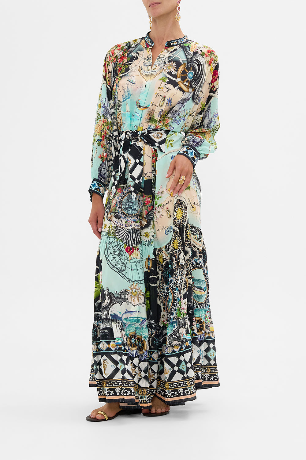 The CAMILLA Tiered Shirtdress With Wide Waist Tie in our Folk Afloat print.
