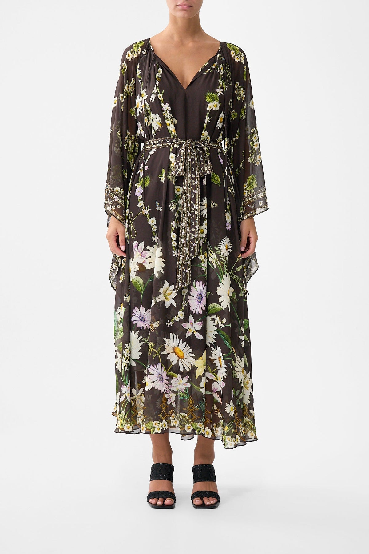 The CAMILLA Long Dress With Handkerchief Sleeve in our Dish It, Daisy print.