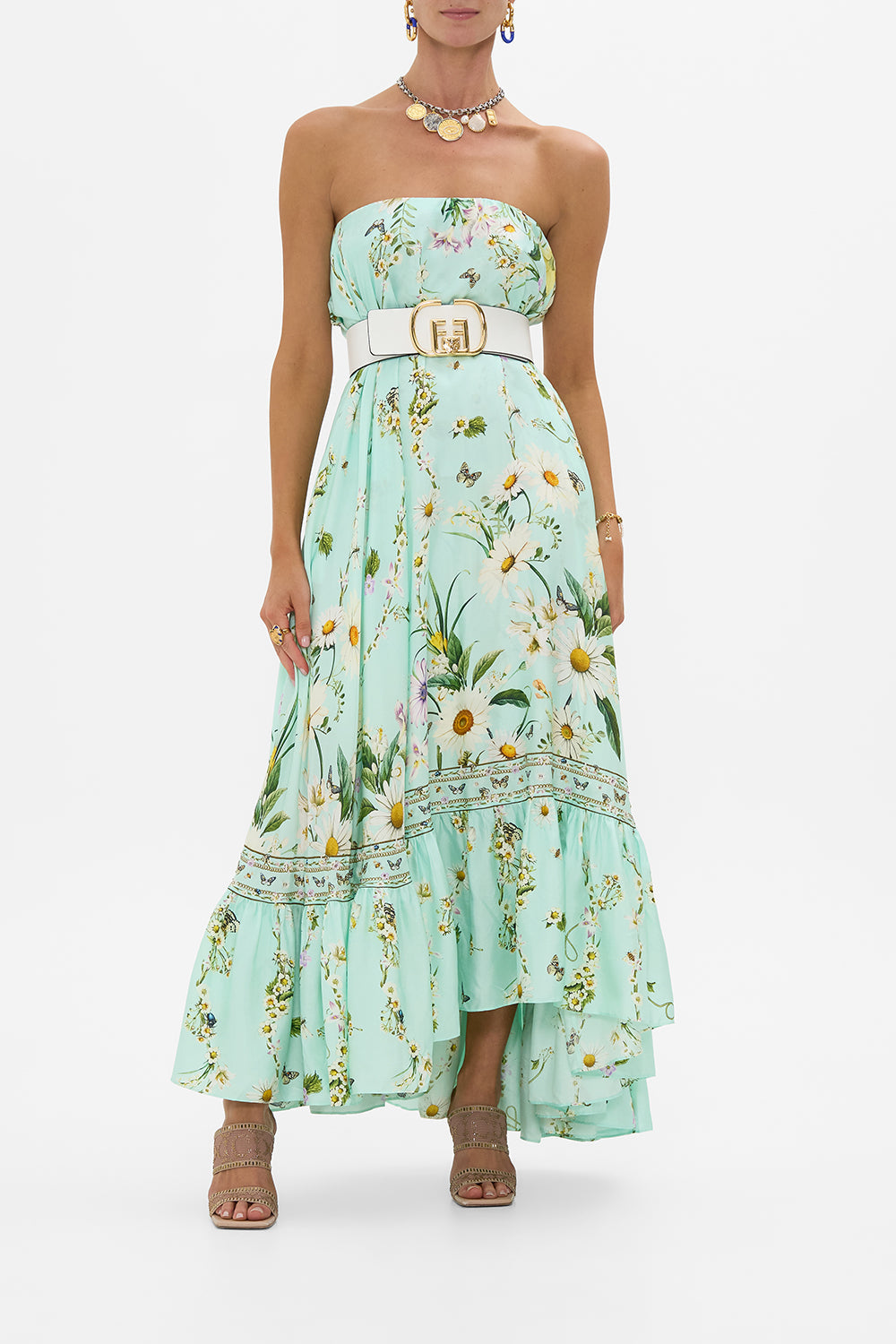 The CAMILLA Strapless Maxi With Ruffle Hem in our Floral Freefall print.