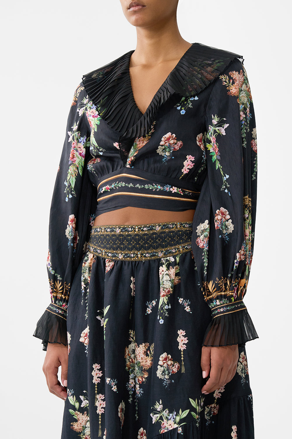 The CAMILLA Cropped Wrap Top With Pleated Detail in our Noble Endeavours print.