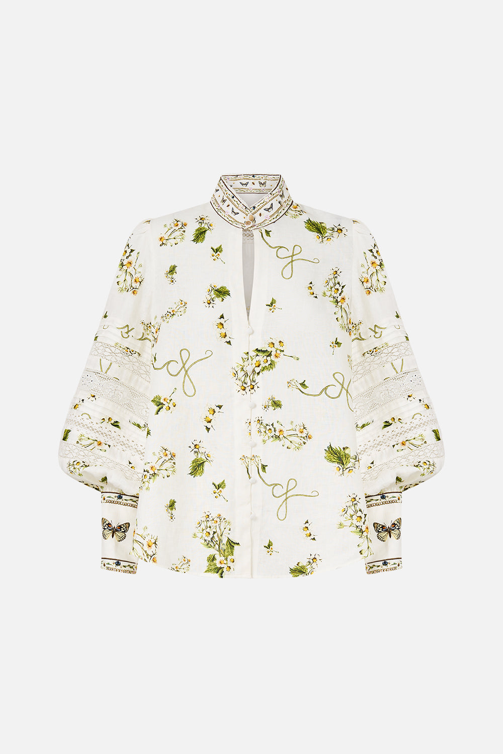 The CAMILLA Buttoned Collar Blouse With Blouson Sleeve in our Botanical Utopia print.