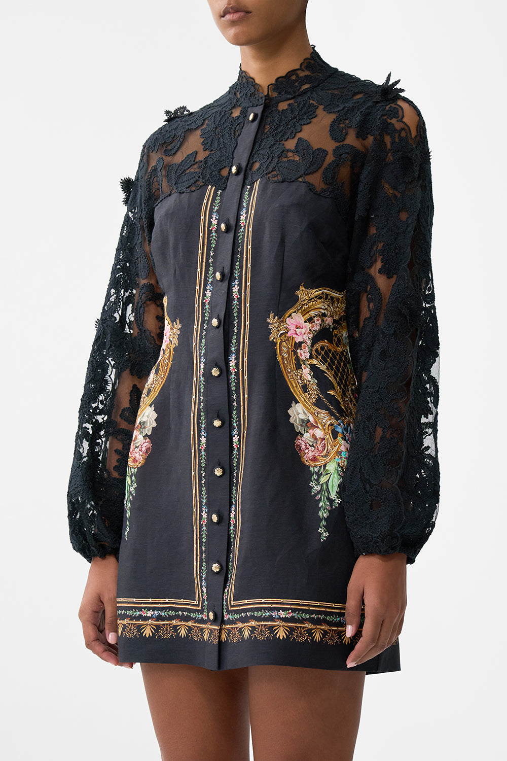 The CAMILLA Lace Sleeve Mini Dress in our Noble Endeavours print.