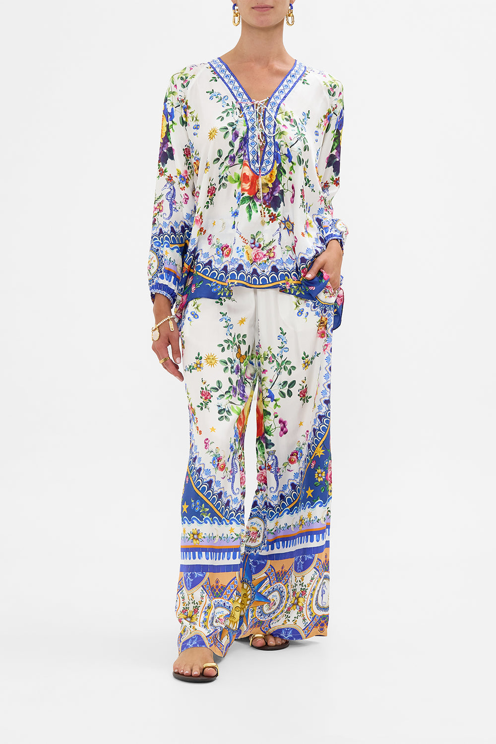 The CAMILLA Lace Up Blouse in our Tiles Darls print.