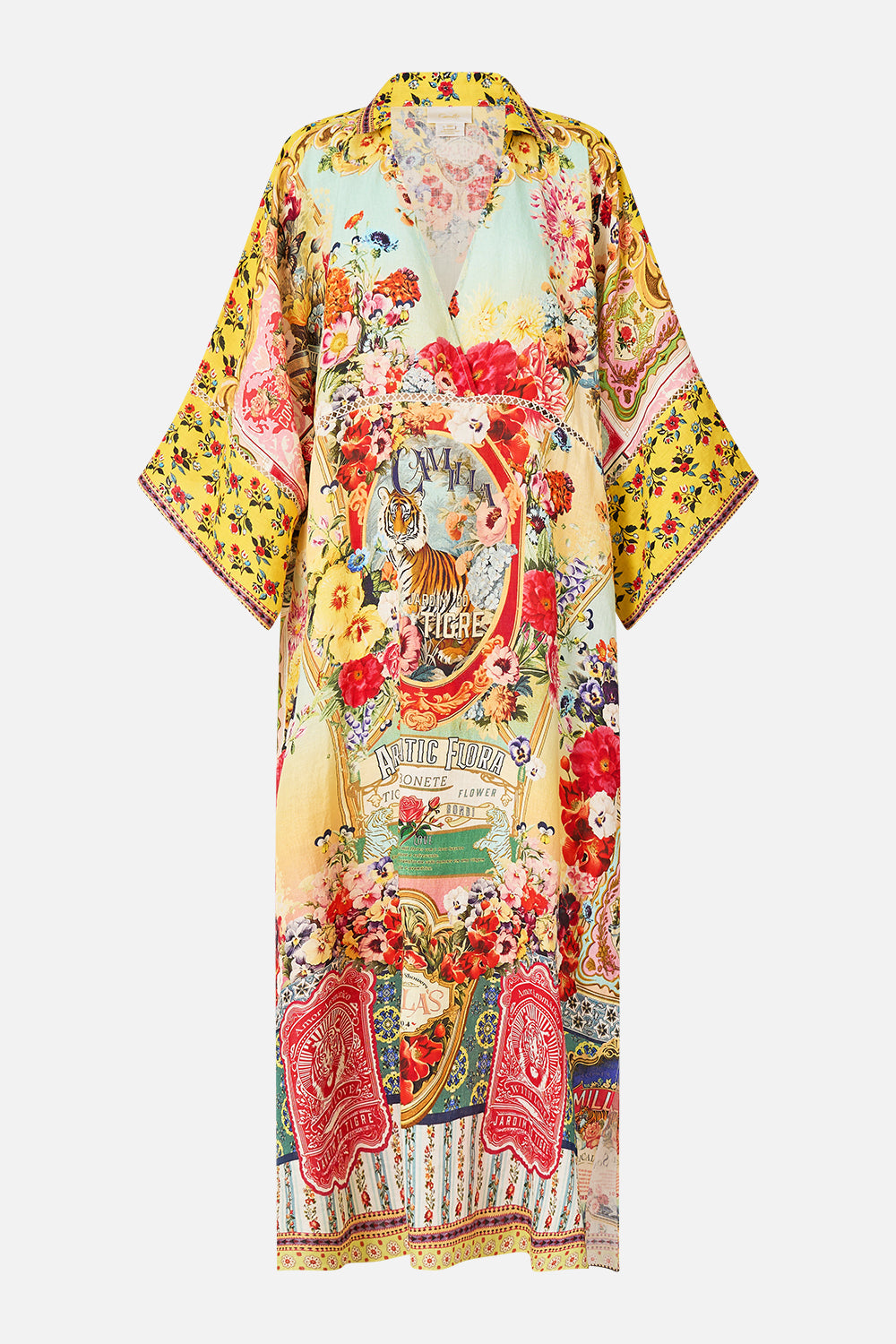 The CAMILLA Deep V Neck Kaftan With Curved Seam in our Aromatic Tiger Flower print.