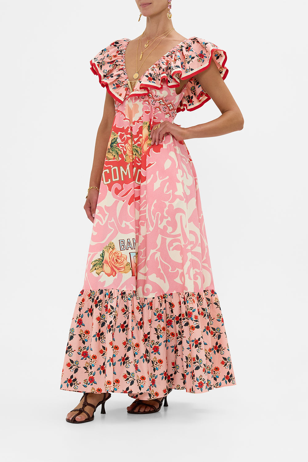 The CAMILLA Frill Neck Dress With Hardware in our Pink Porto print.