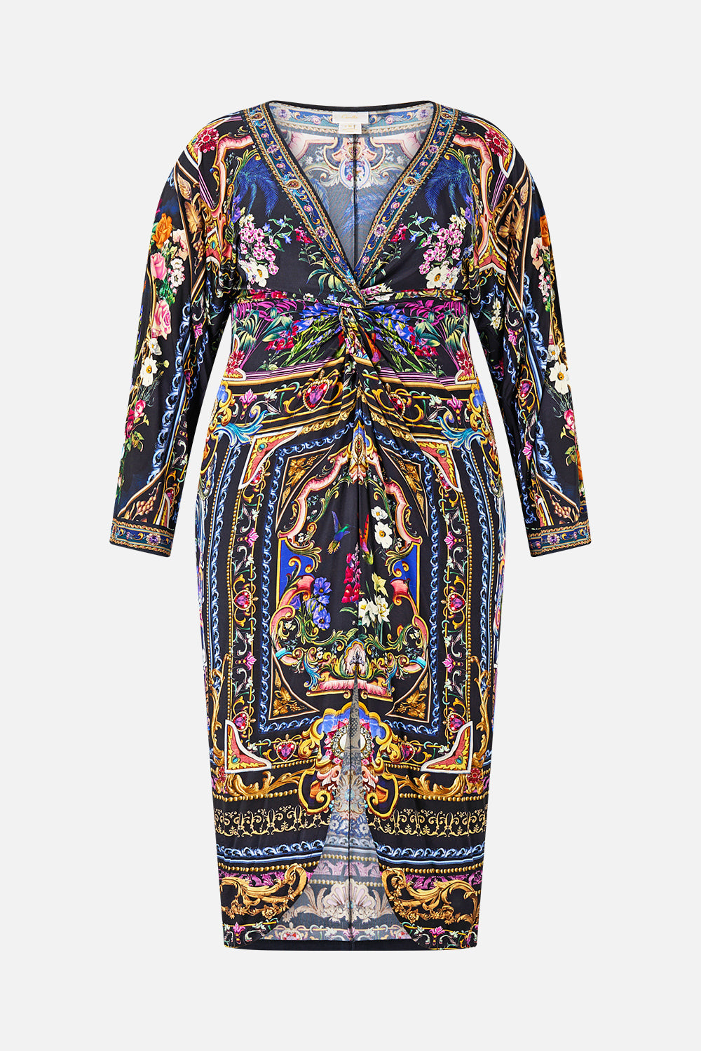 LONG SPLIT FRONT TWIST DRESS BASKED IN BAROQUE